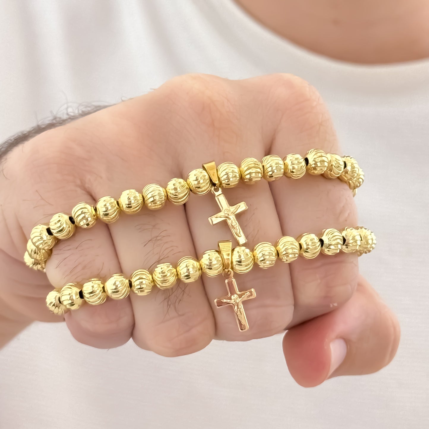 Promocion de 2 Pulseras para Parejas Cruz Madero Protección en Balin Nuevo italiano Nuevo Labrado en Oro Laminado 18k con Garantía de por vida