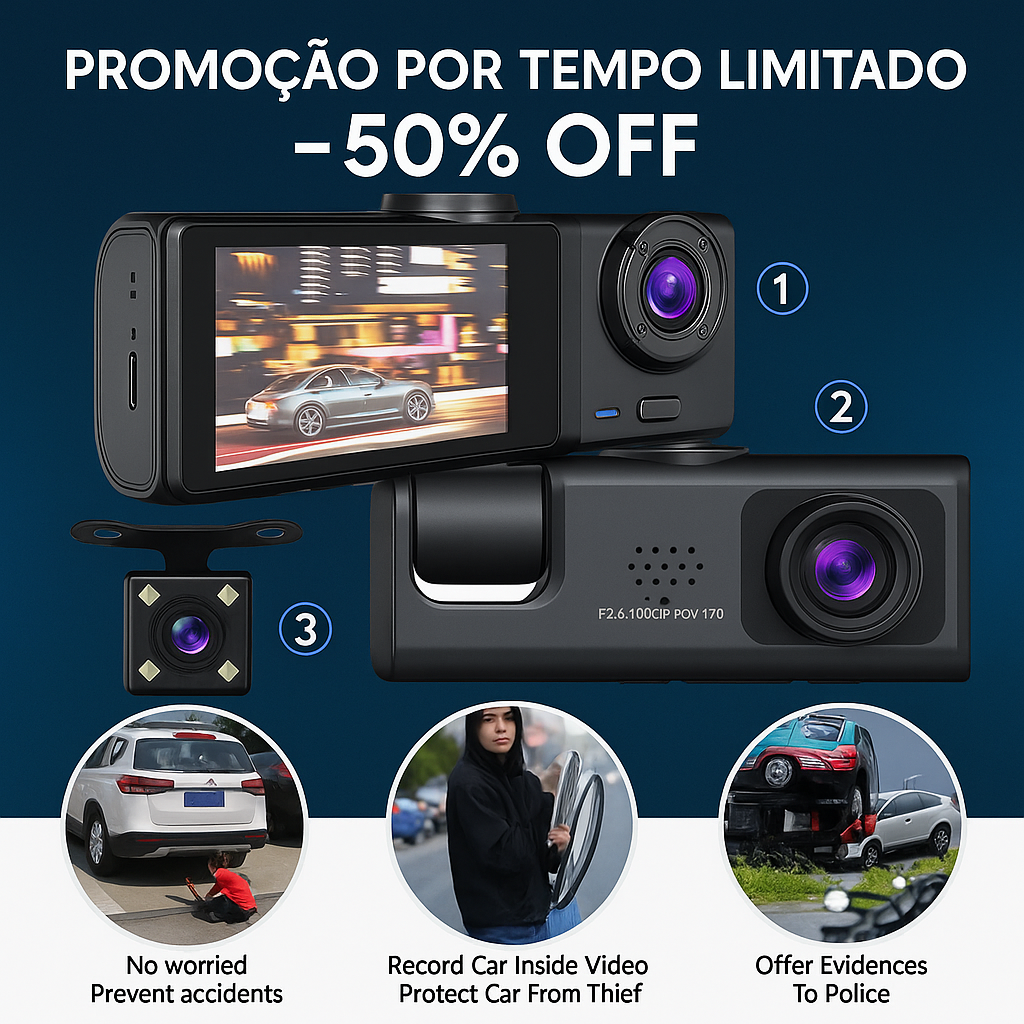 Cámara de Seguridad Vehicular 1080p – Triple Protección en Cada Trayecto